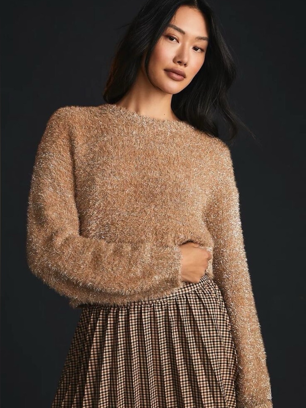 Anthropologie Maeve Metallic Eyelash Tinsel Silver Tan Sweater Balloon Sleeves S